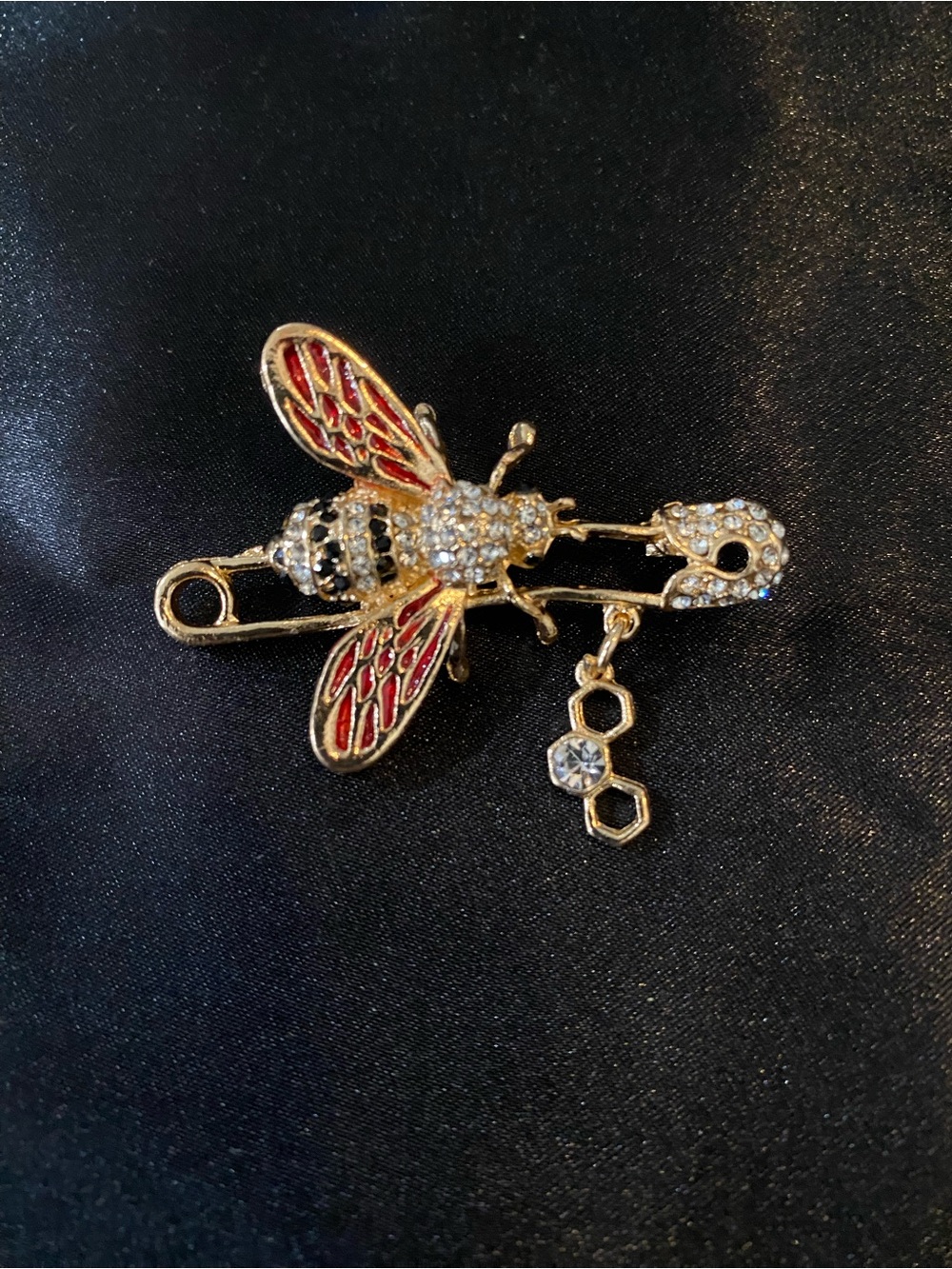 Gold Bee Safety Pin Brooch with Red Enamel Wings